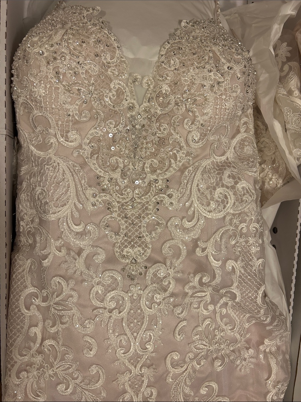 Allure Bridals White Lace Bridal Gown with Scroll Embroidery